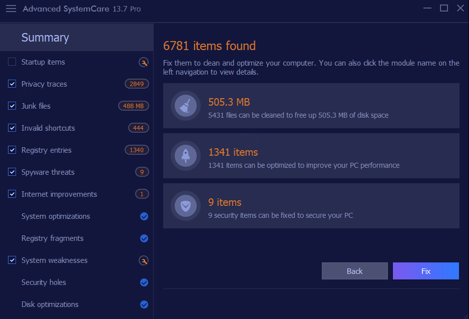 Advanced SystemCare Scaning Results Interface